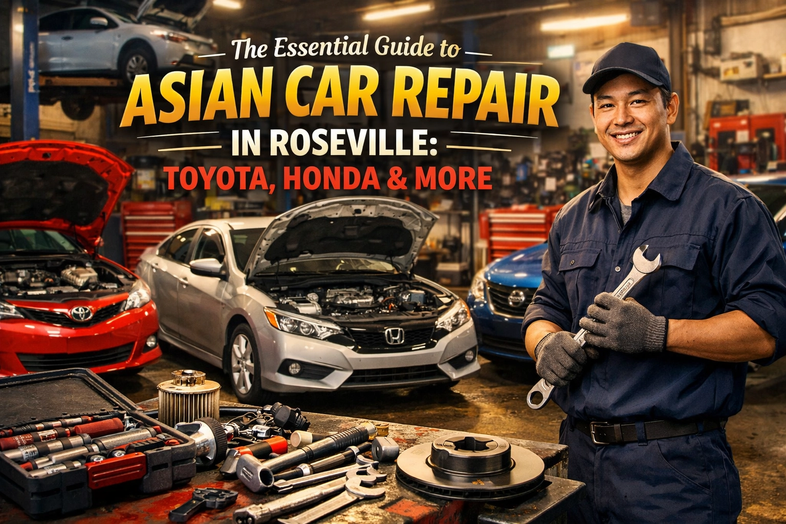 Mechanic repairing Toyota and Honda cars in auto shop, Roseville
